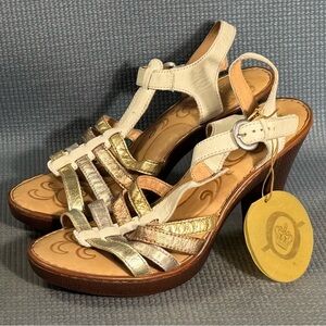 BORN Riviera‎ Leather Off-White Gold Metallic Strappy Heel Sandals Women’s Sz 10